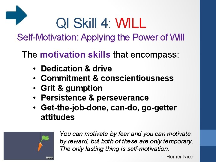 QI Skill 4: WILL Self-Motivation: Applying the Power of Will The motivation skills that