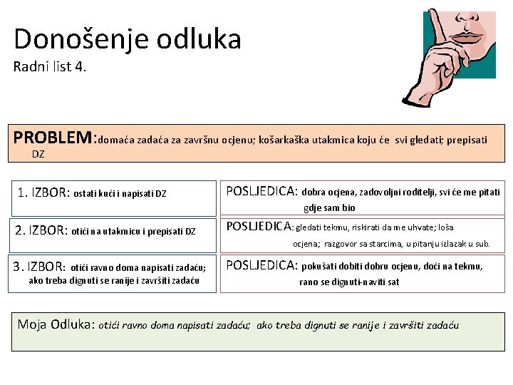 Donošenje odluka Radni list 4. PROBLEM: domaća zadaća za završnu ocjenu; košarkaška utakmica koju