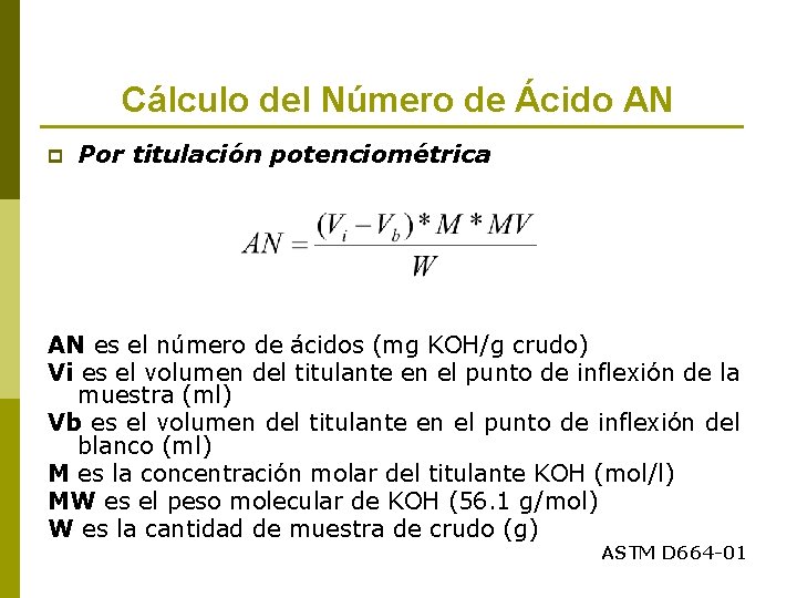 Cálculo del Número de Ácido AN p Por titulación potenciométrica AN es el número