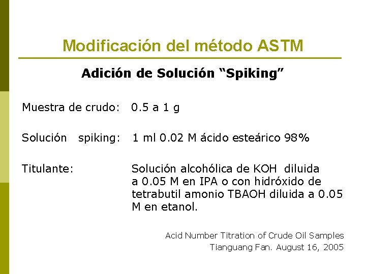 Modificación del método ASTM Adición de Solución “Spiking” Muestra de crudo: 0. 5 a