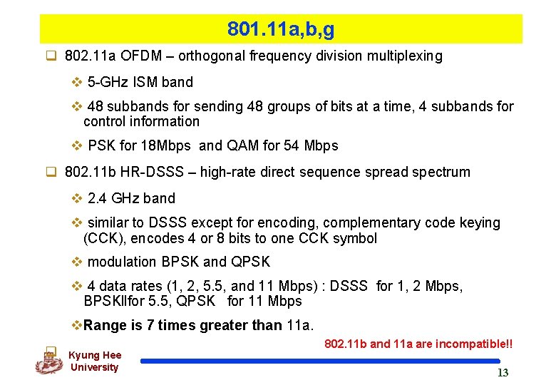 801. 11 a, b, g q 802. 11 a OFDM – orthogonal frequency division