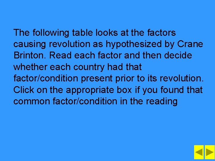 The following table looks at the factors causing revolution as hypothesized by Crane Brinton.