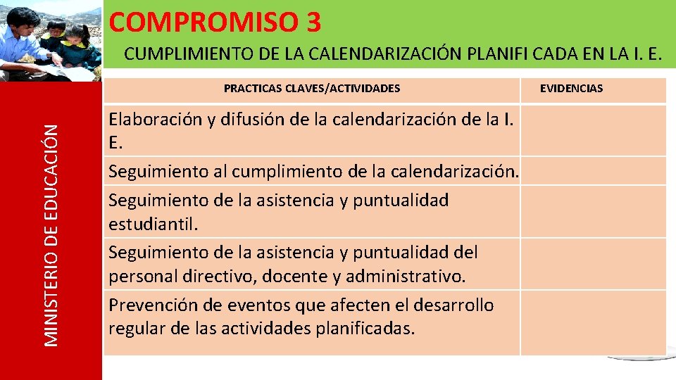 COMPROMISO 3 CUMPLIMIENTO DE LA CALENDARIZACIÓN PLANIFI CADA EN LA I. E. MINISTERIO DE