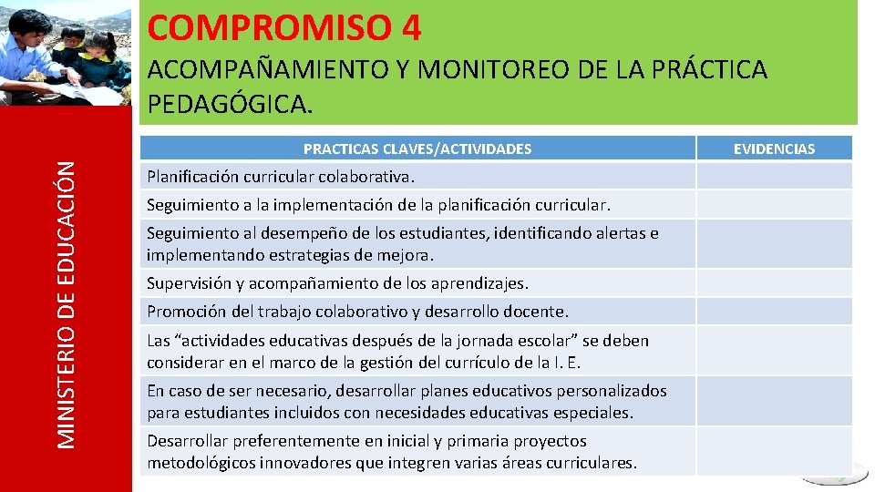 COMPROMISO 4 ACOMPAÑAMIENTO Y MONITOREO DE LA PRÁCTICA PEDAGÓGICA. MINISTERIO DE EDUCACIÓN PRACTICAS CLAVES/ACTIVIDADES