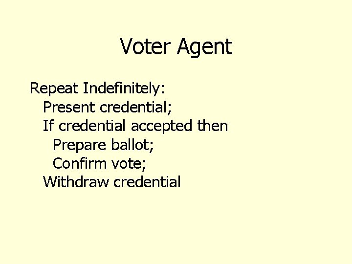 Voter Agent Repeat Indefinitely: Present credential; If credential accepted then Prepare ballot; Confirm vote;