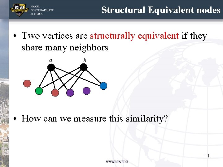 Structural Equivalent nodes • Two vertices are structurally equivalent if they share many neighbors