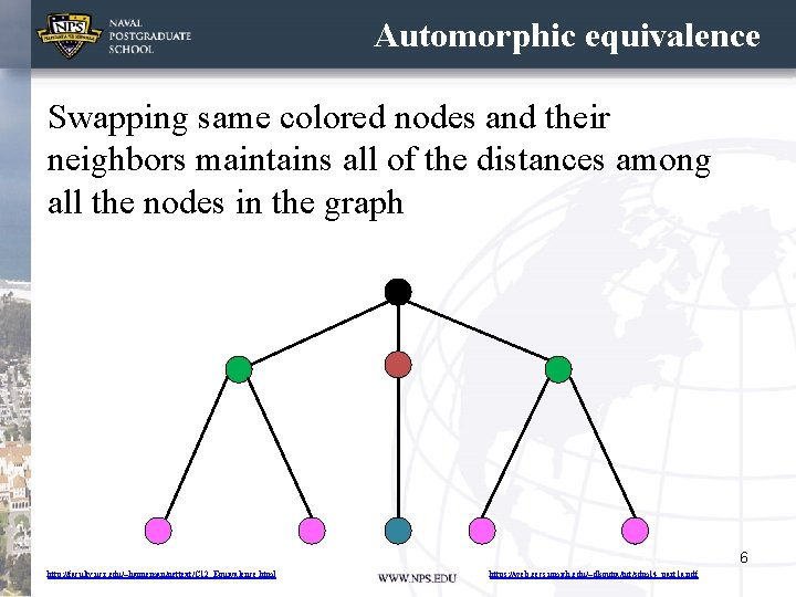 Automorphic equivalence Swapping same colored nodes and their neighbors maintains all of the distances