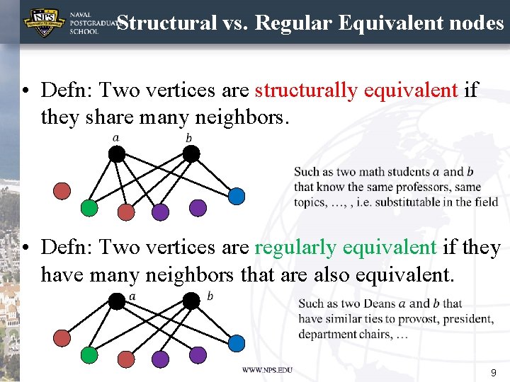 Structural vs. Regular Equivalent nodes • Defn: Two vertices are structurally equivalent if they