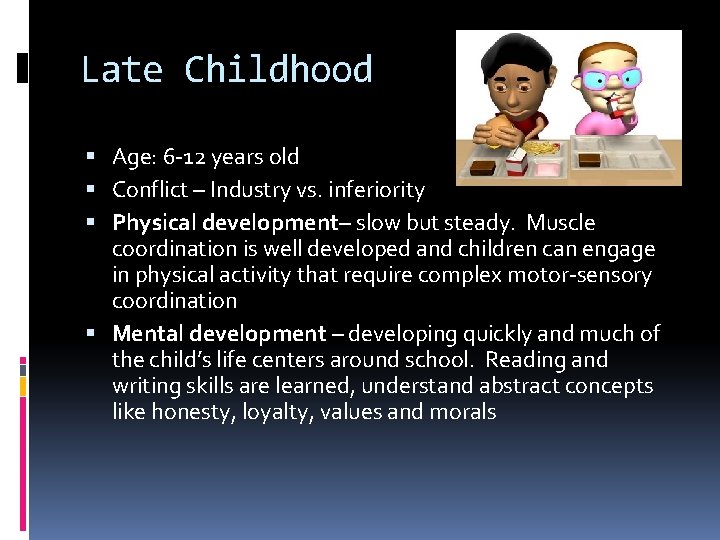 Late Childhood Age: 6 -12 years old Conflict – Industry vs. inferiority Physical development–