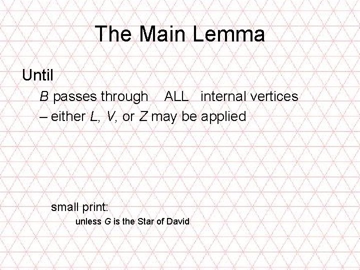 The Main Lemma Until B passes through ALL internal vertices – either L, V,