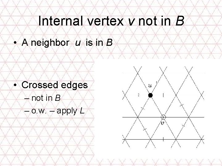 Internal vertex v not in B • A neighbor u is in B •