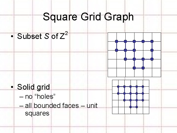 Square Grid Graph • Subset S of Z 2 • Solid grid – no