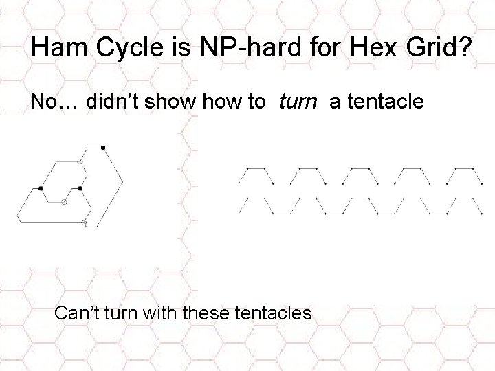 Ham Cycle is NP-hard for Hex Grid? No… didn’t show to turn a tentacle