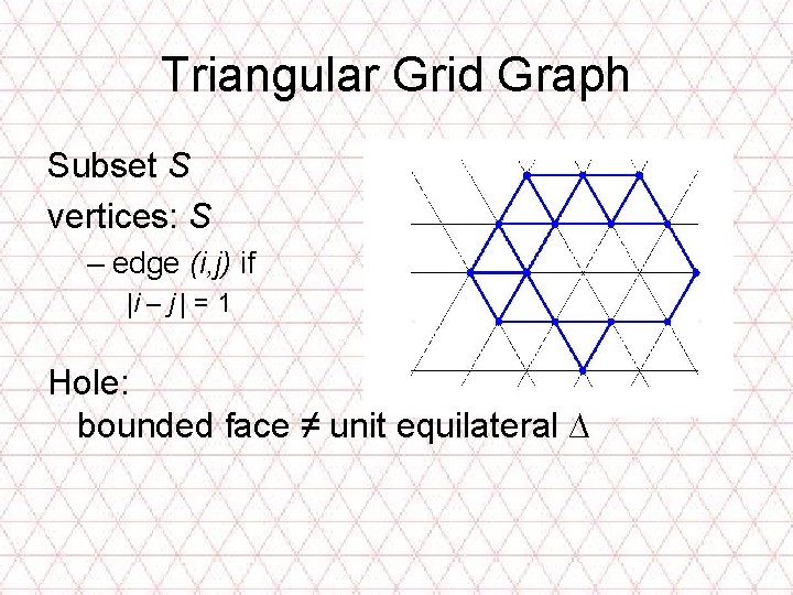 Triangular Grid Graph Subset S vertices: S – edge (i, j) if |i –