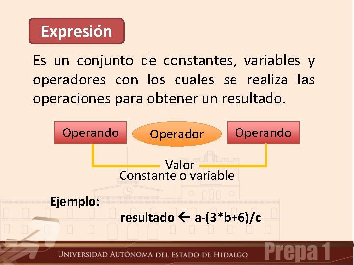 Expresión Es un conjunto de constantes, variables y operadores con los cuales se realiza