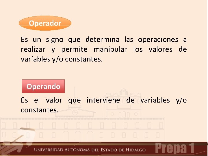 Operador Es un signo que determina las operaciones a realizar y permite manipular los