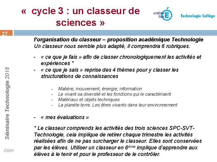  « cycle 3 : un classeur de sciences » Séminaire Technologie 2018 27