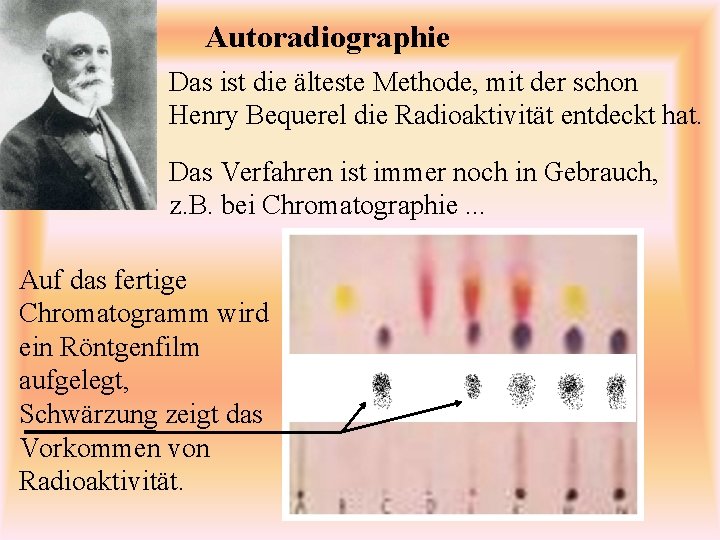 Autoradiographie Das ist die älteste Methode, mit der schon Henry Bequerel die Radioaktivität entdeckt