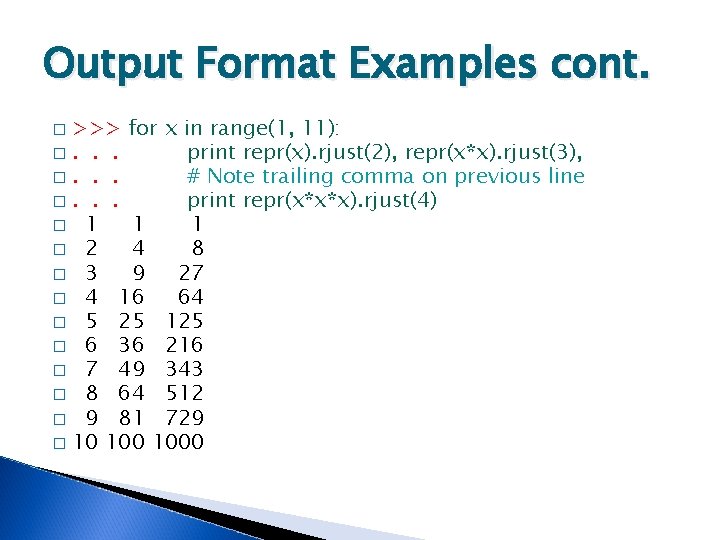 Output Format Examples cont. >>> for x in range(1, 11): �. . . print