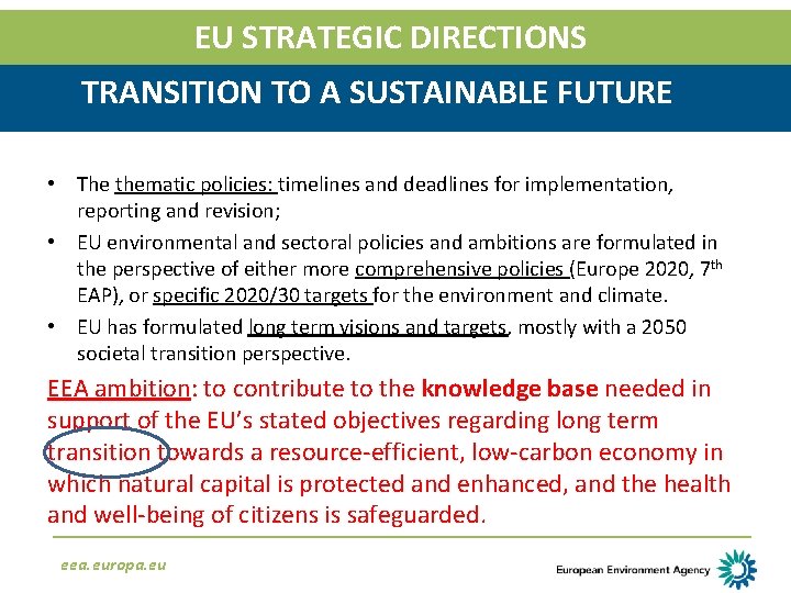 EU STRATEGIC DIRECTIONS TRANSITION TO A SUSTAINABLE FUTURE • The thematic policies: timelines and