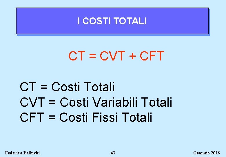 I COSTI TOTALI CT = CVT + CFT CT = Costi Totali CVT =