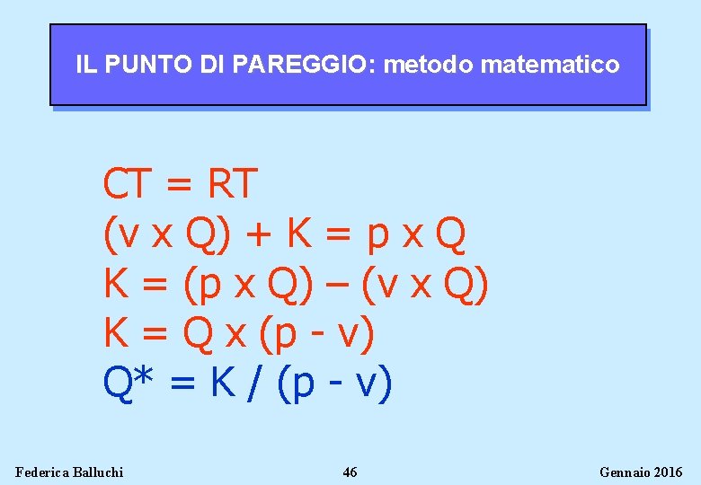 IL PUNTO DI PAREGGIO: metodo matematico CT = RT (v x Q) + K