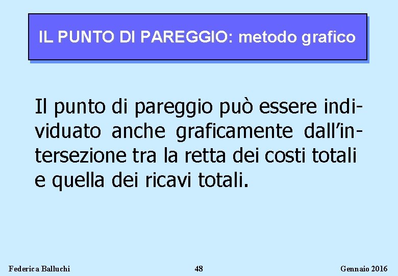 IL PUNTO DI PAREGGIO: metodo grafico Il punto di pareggio può essere individuato anche