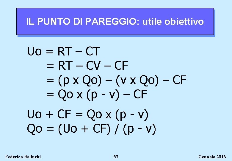 IL PUNTO DI PAREGGIO: utile obiettivo Uo = RT – CT = RT –