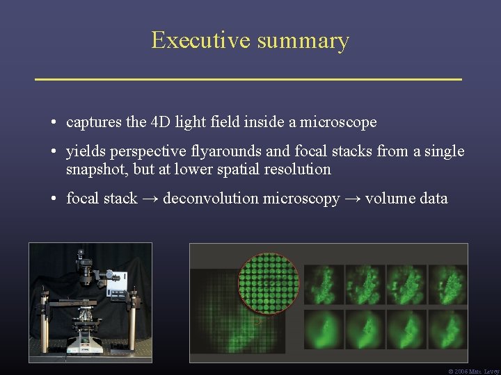 Executive summary • captures the 4 D light field inside a microscope • yields Executive summary • captures the 4 D light field inside a microscope • yields