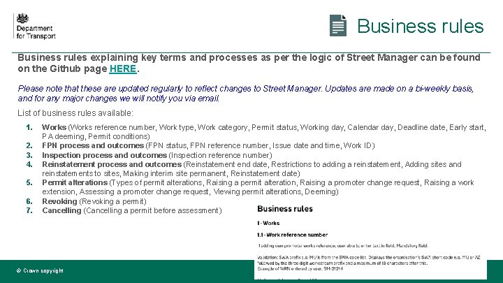 Business rules explaining key terms and processes as per the logic of Street Manager