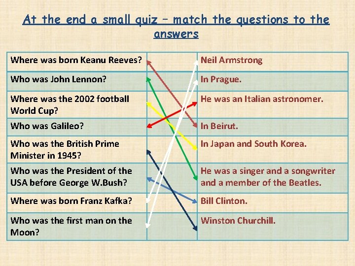 At the end a small quiz – match the questions to the answers Where