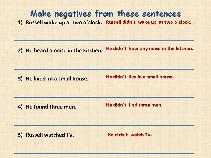 Make negatives from these sentences 1) Russell woke up at two o´clock. Russell didn´t