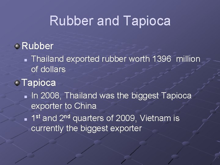 Rubber and Tapioca Rubber n Thailand exported rubber worth 1396 million of dollars Tapioca
