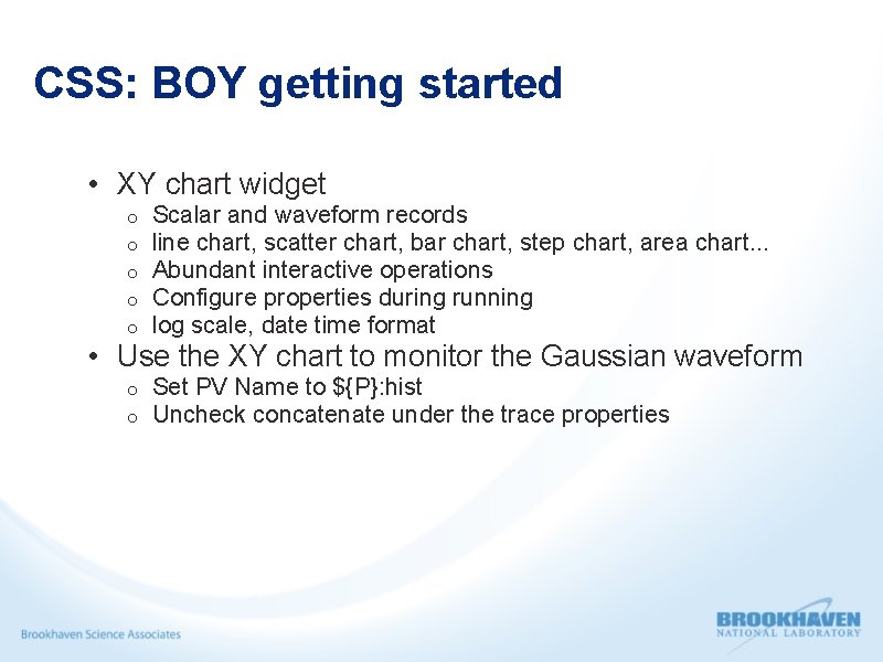 CSS: BOY getting started • XY chart widget o o o Scalar and waveform