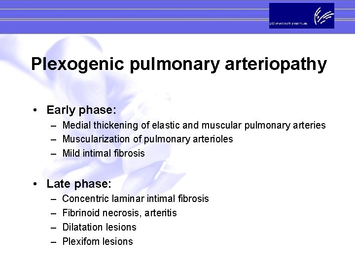 Plexogenic pulmonary arteriopathy • Early phase: – Medial thickening of elastic and muscular pulmonary