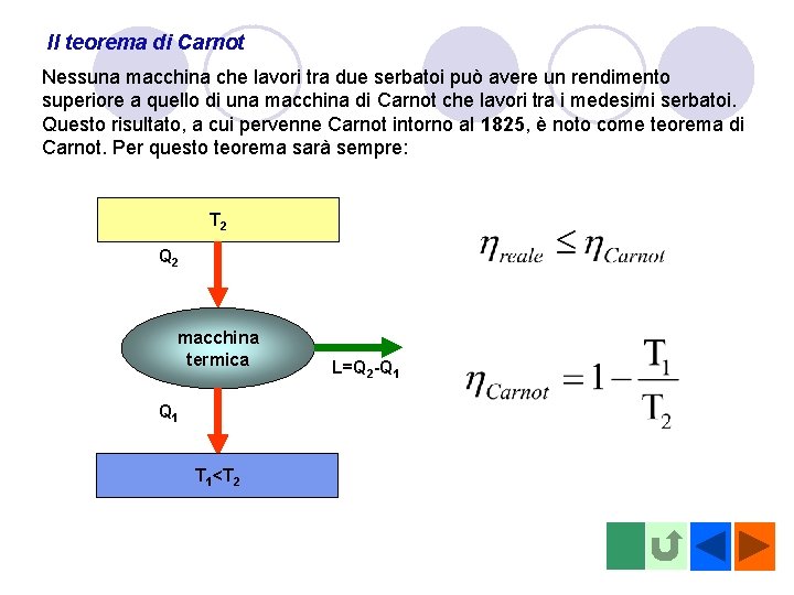 Il teorema di Carnot Nessuna macchina che lavori tra due serbatoi può avere un