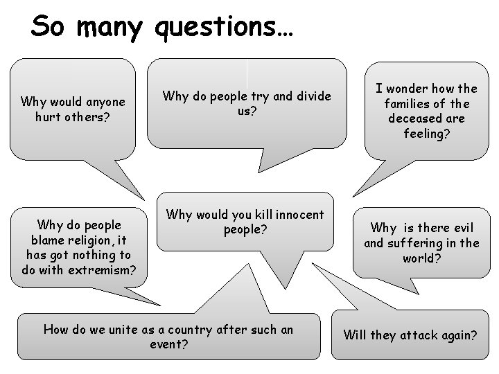 So many questions… Why would anyone hurt others? Why do people blame religion, it