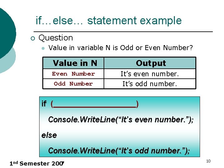 if…else… statement example ¡ Question l Value in variable N is Odd or Even