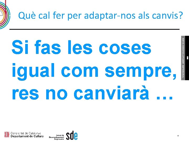 Què cal fer per adaptar-nos als canvis? ICEC 49 SERVEI DESENVOLUPAMENT EMPRESARIAL Si fas