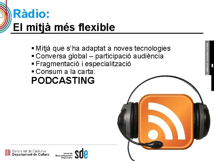 Ràdio: El mitjà més flexible PODCASTING 64 ICEC SERVEI DESENVOLUPAMENT EMPRESARIAL § Mitjà que