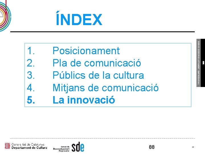 ÍNDEX Posicionament Pla de comunicació Públics de la cultura Mitjans de comunicació La innovació