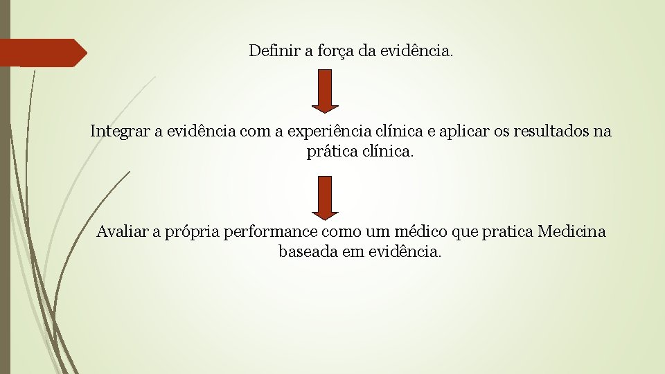 Definir a força da evidência. Integrar a evidência com a experiência clínica e aplicar