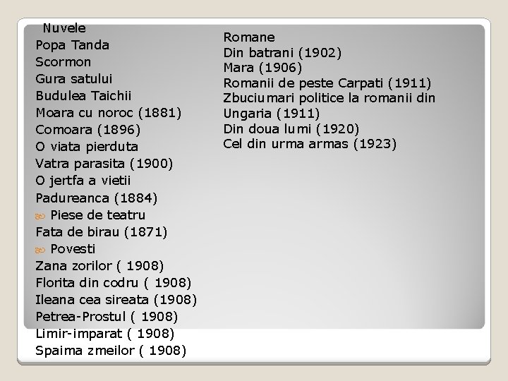 Nuvele Popa Tanda Scormon Gura satului Budulea Taichii Moara cu noroc (1881) Comoara (1896)