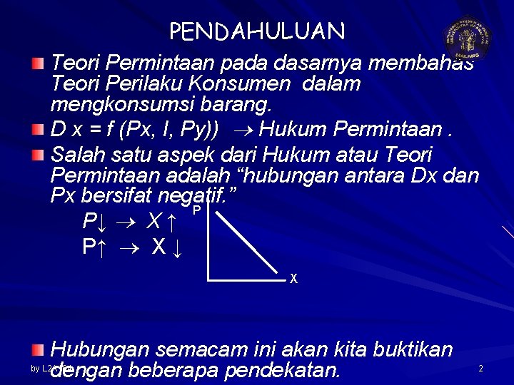 PENDAHULUAN Teori Permintaan pada dasarnya membahas Teori Perilaku Konsumen dalam mengkonsumsi barang. D x