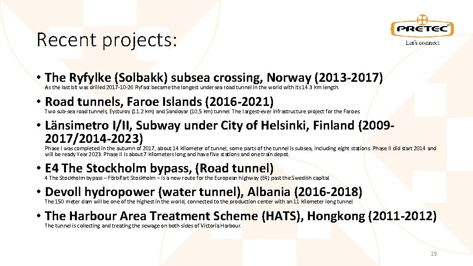 Recent projects: • The Ryfylke (Solbakk) subsea crossing, Norway (2013 -2017) As the last