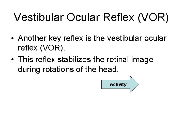 Vestibular Ocular Reflex (VOR) • Another key reflex is the vestibular ocular reflex (VOR). Vestibular Ocular Reflex (VOR) • Another key reflex is the vestibular ocular reflex (VOR).
