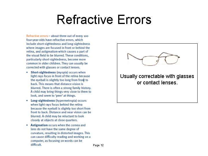 Refractive Errors Usually correctable with glasses or contact lenses. Page 12 Refractive Errors Usually correctable with glasses or contact lenses. Page 12