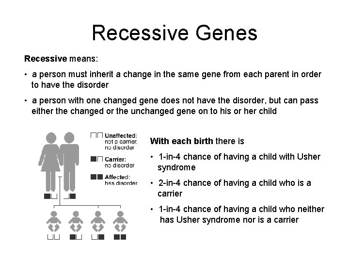 Recessive Genes Recessive means: • a person must inherit a change in the same Recessive Genes Recessive means: • a person must inherit a change in the same
