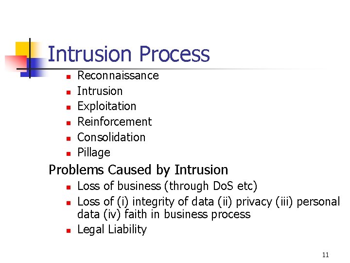 Intrusion Process n n n Reconnaissance Intrusion Exploitation Reinforcement Consolidation Pillage Problems Caused by Intrusion Process n n n Reconnaissance Intrusion Exploitation Reinforcement Consolidation Pillage Problems Caused by