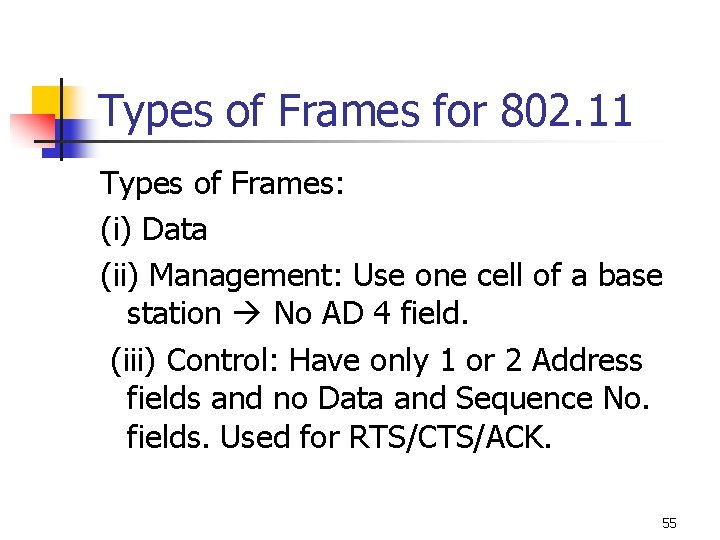 Types of Frames for 802. 11 Types of Frames: (i) Data (ii) Management: Use Types of Frames for 802. 11 Types of Frames: (i) Data (ii) Management: Use